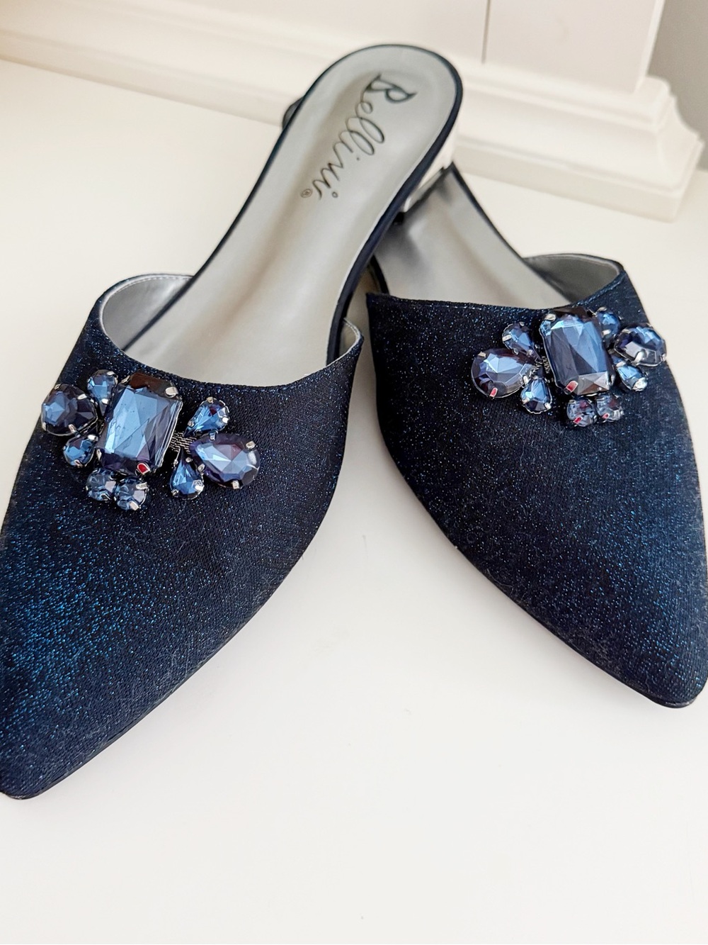 Bellini Dark Navy Jeweled Pointed Slip-On Mules